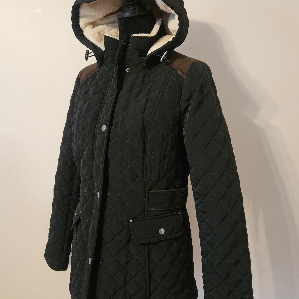Black Hooded Quilted Coat by Laundry by Shelli Segal Sz M Zip Front Warm Jacket